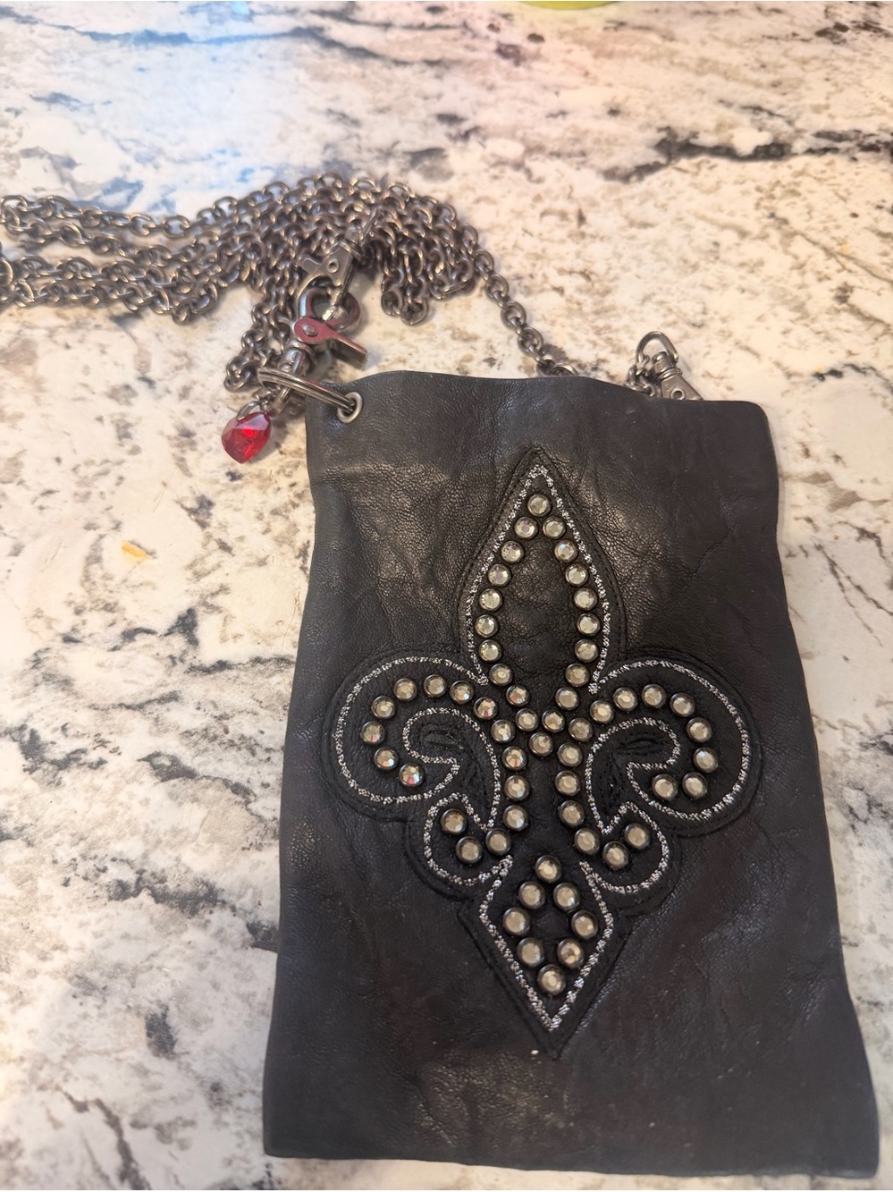 Black Studded Fleur-de-Lis Crossbody Phone Bag
